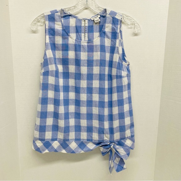 J Crew Cotton Linen Blend Size 2 Blue White Gingham Plaid Tank Top Side Tie - Picture 1 of 15